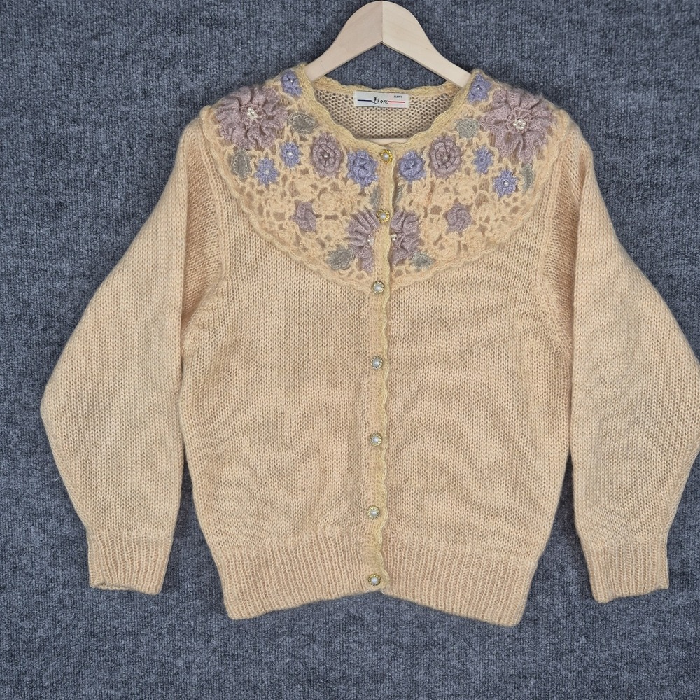 Vtg Mohair Knit Cardigan Sweater  Crochet Floral‎ Pearl Buttons Cottagecore
